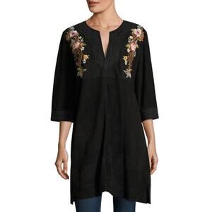 NWOT Johnny Was Dress Black Suede Leather w/ Embroidery Size Medium